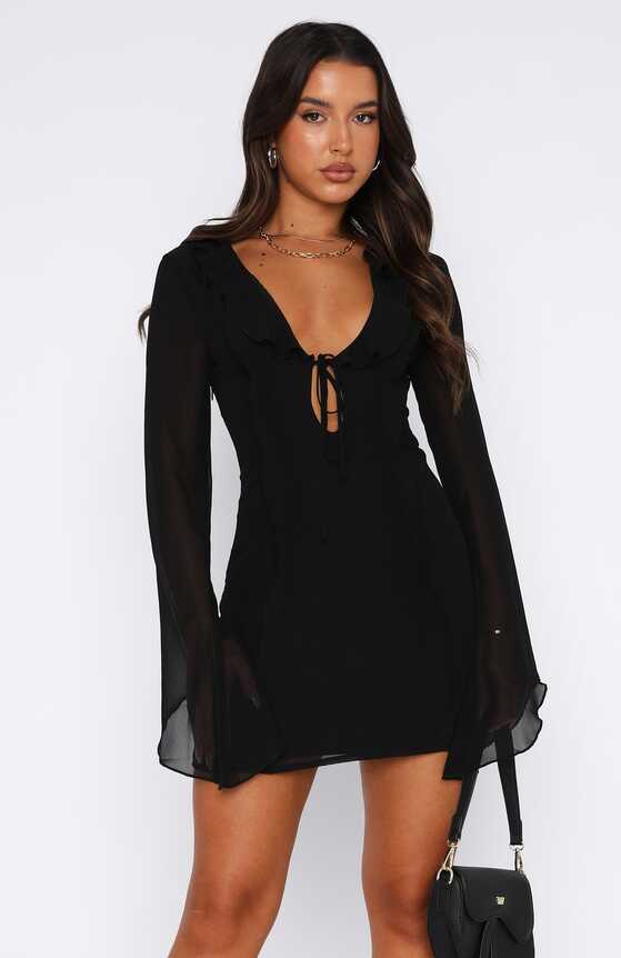 Falling To Pieces Long Sleeve Mini Dress Black | White Fox Boutique US