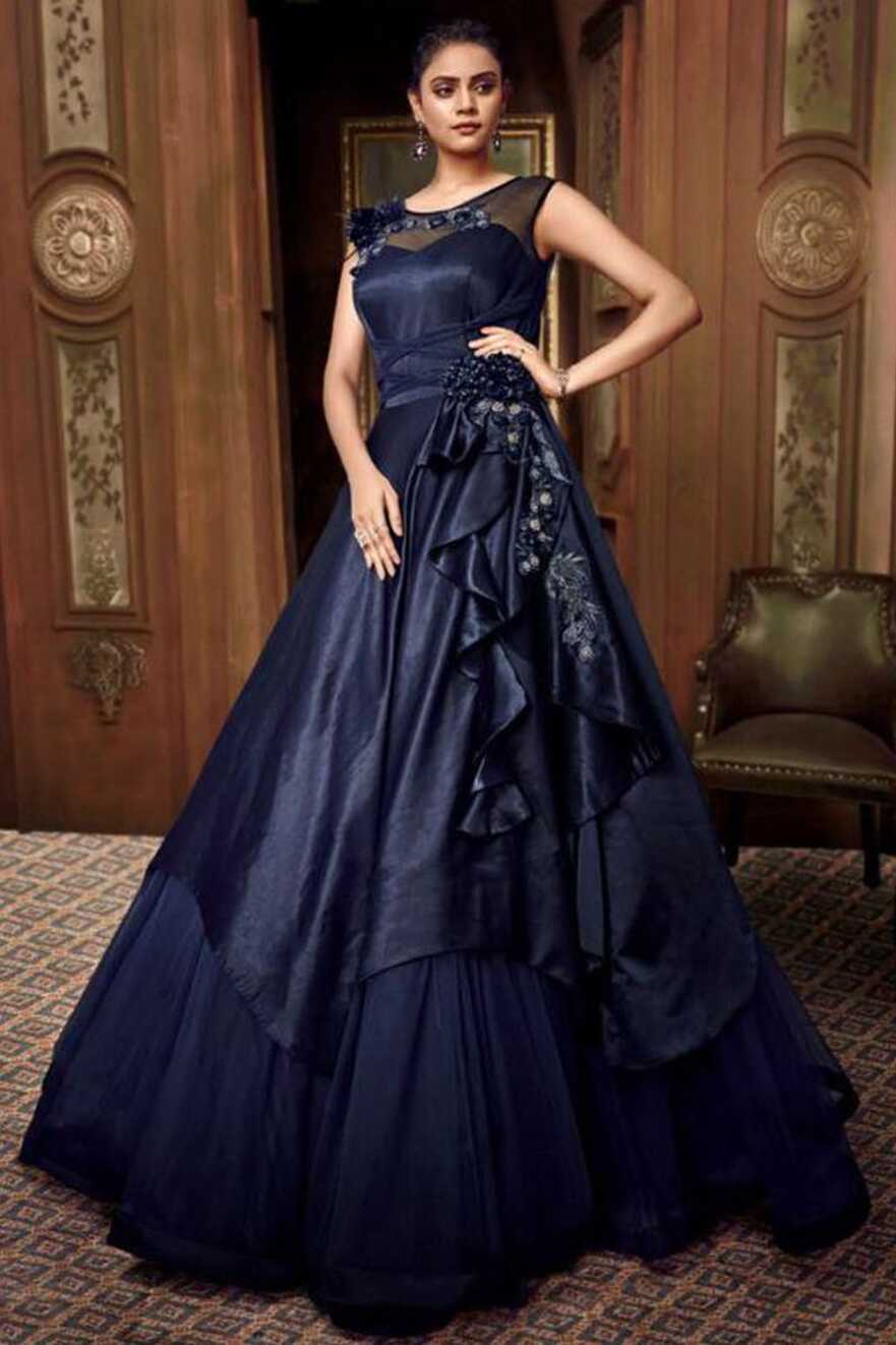 Fancy Designer Party Wear Net Gown Navy Blue Color