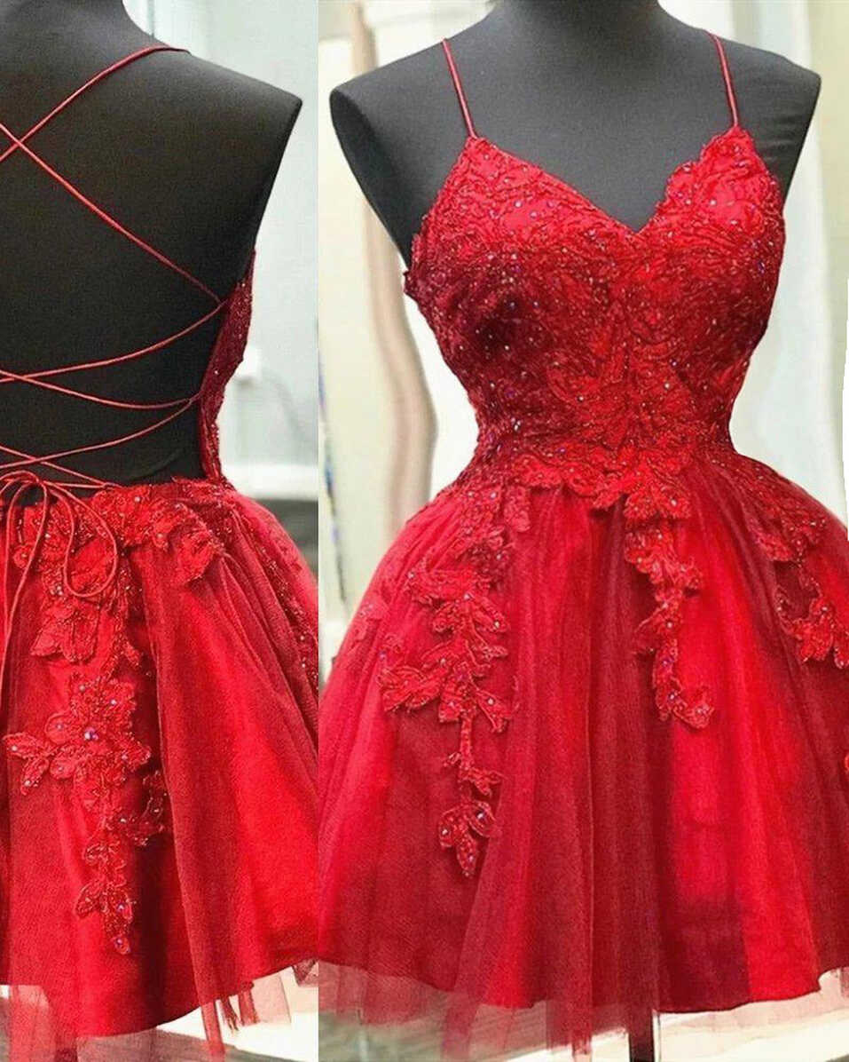 Fancy Girls Semi Formal Cocktail Red Lace Short Homecoming Dresses ...