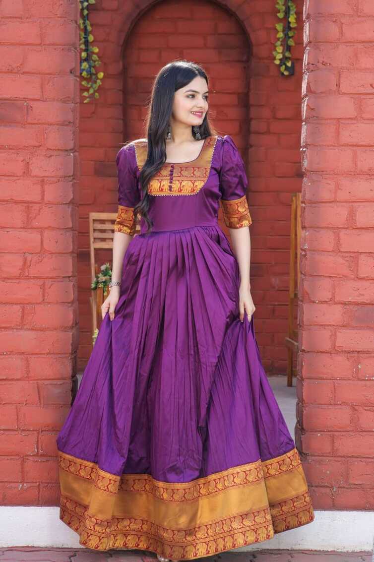 Fancy Round Neck Purple Color Long Gown - Clothsvilla