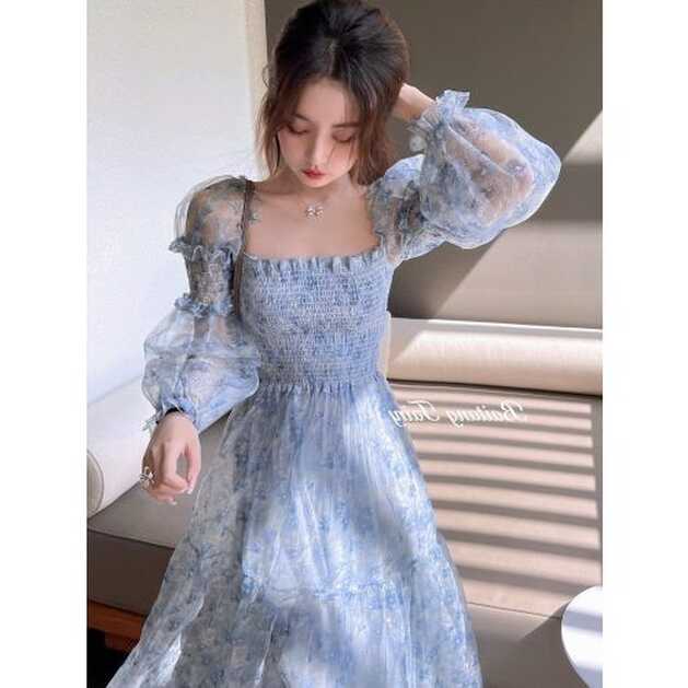 Fashion (Blue)Summer Lace Elegant Midi Dress Women Puff Sleeve ...