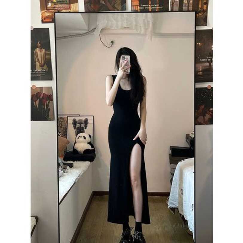 Fashion -Korean Slim Black Sleeveless Dress Women Elegant Side ...