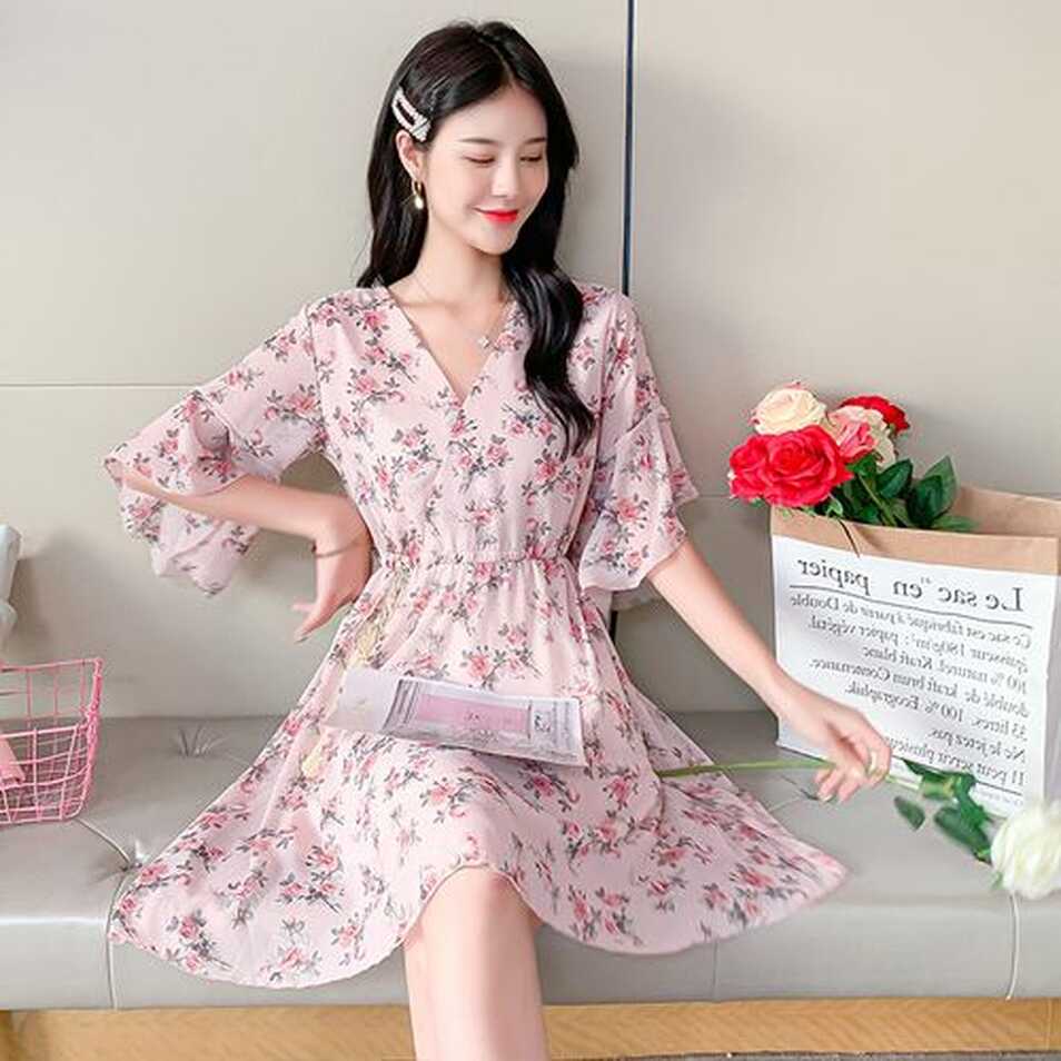 Fashion (Purple)Spring Summer Chiffon Dress Women V-Neck Floral ...