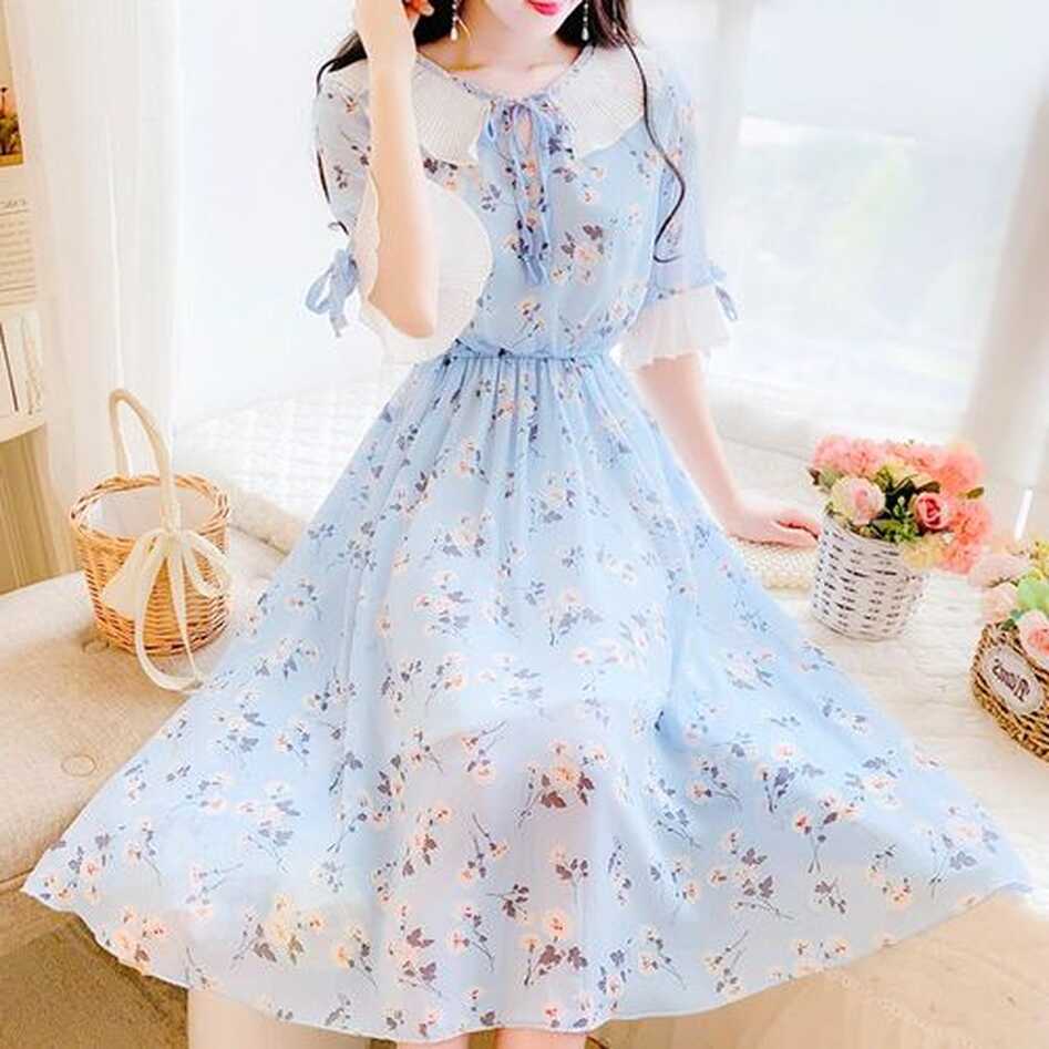 Fashion (Sky Blue)Sweet Slim Chiffon Floral Dress Preppy Fashion ...