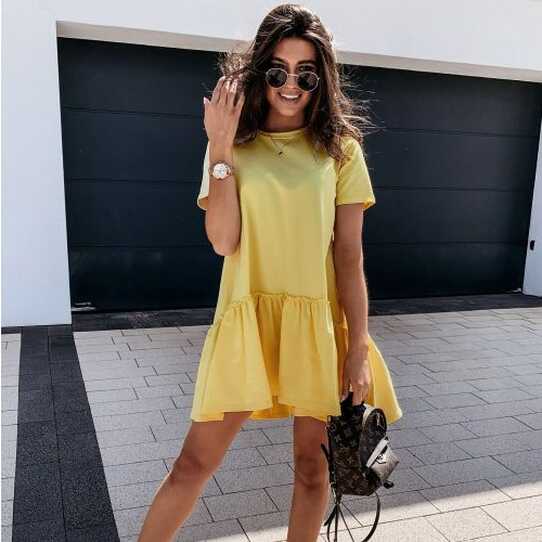 Fashion (Yellow)Loose Casual Short Sleeve Mini Dress Women Summer ...