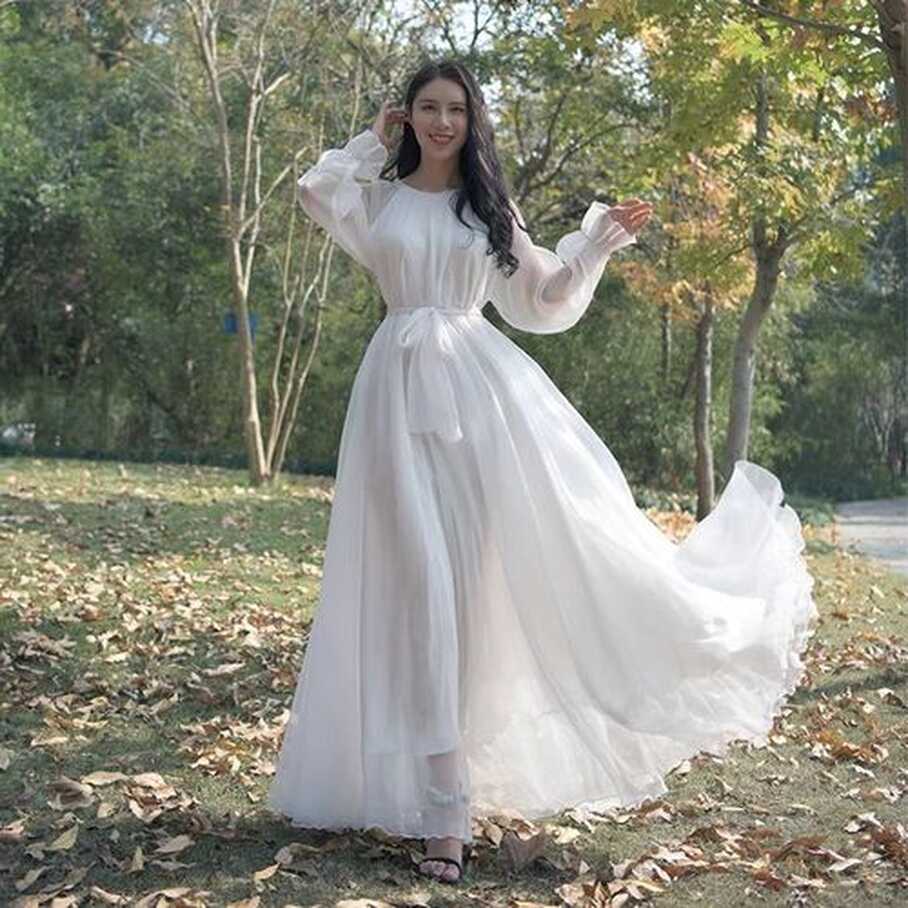 Fashion (white Dress122cm)White Dress Elegant Fairy Chiffon Off ...