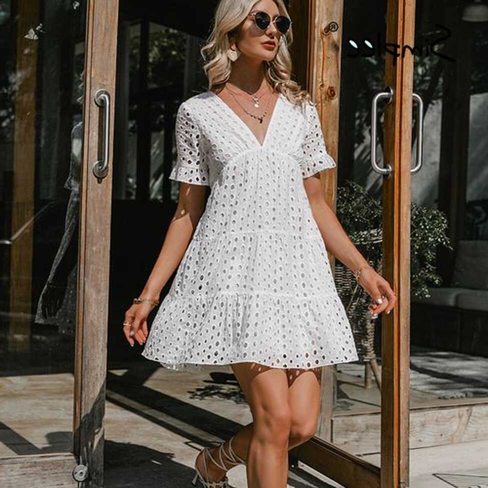 Fashion (white)Simplee V-neck Lace Stitching White Dress Summer ...