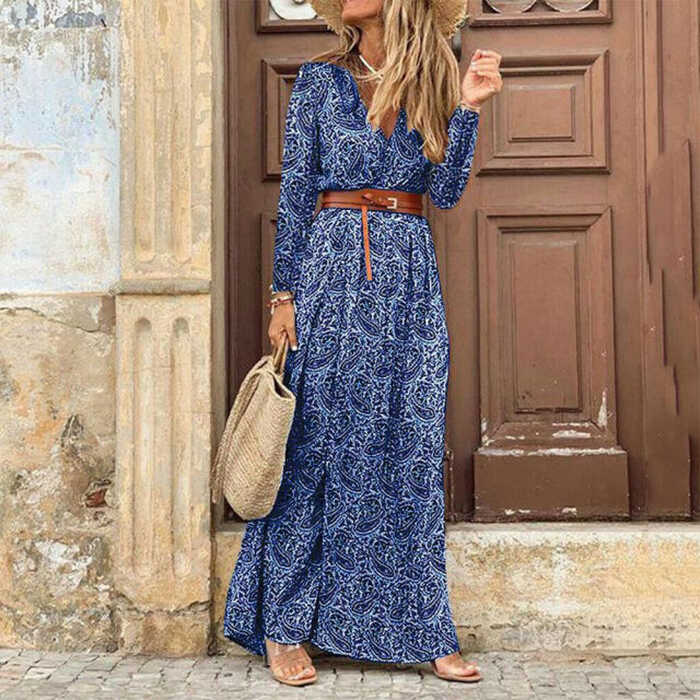 Fashion Boho Dress Long Dress Women Casual V Neck Short Sleeve Retro P