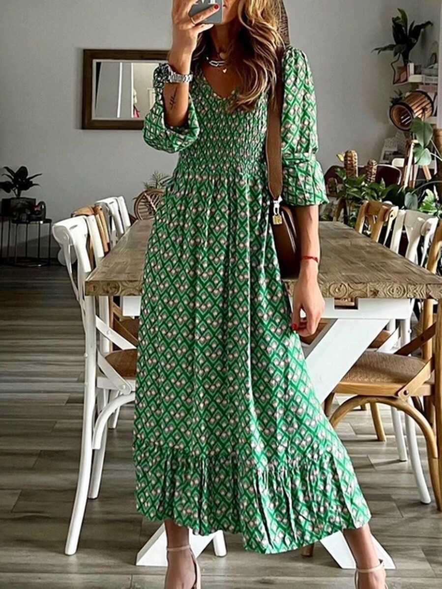 Fashion Chic V Neck Spring Summer Maxi Dress Loose Casual Ruffle A ...