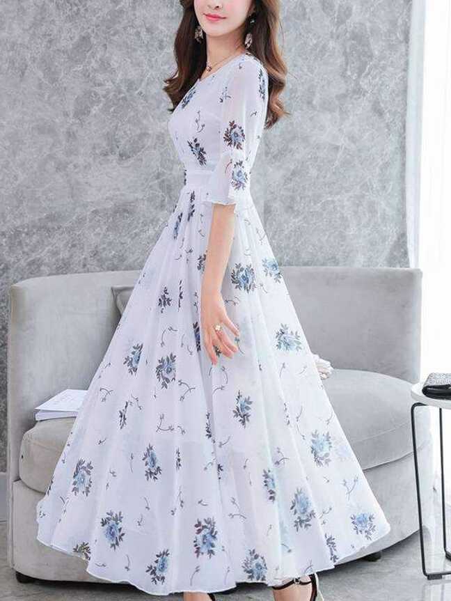 Fashion Chiffon V-Neck Flare Sleeve Print Maxi Casual Dresses