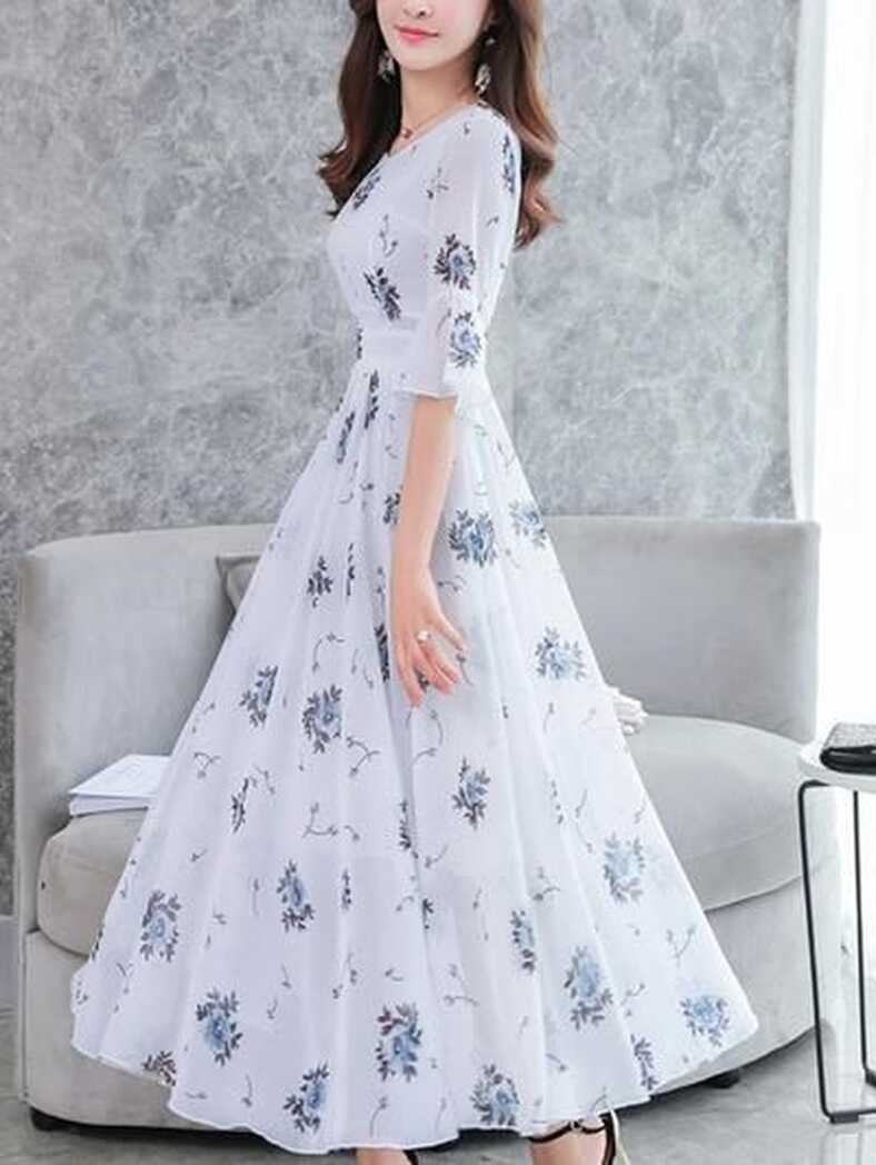 Fashion Chiffon V-Neck Flare Sleeve Print Maxi Dress