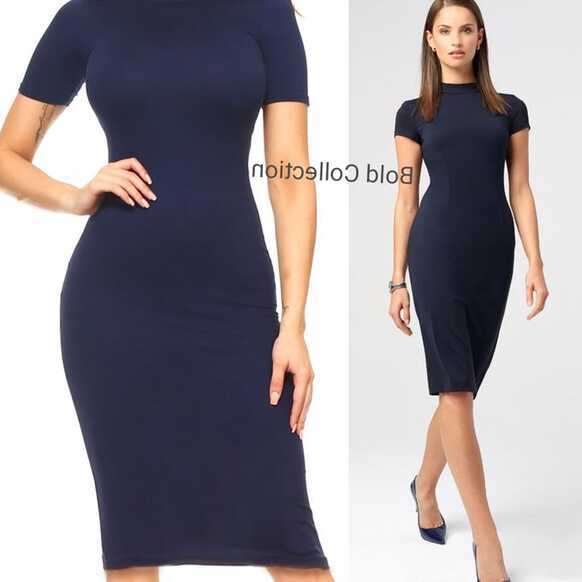 Fashion Classy NAVY BLUE Short Sleeve Mock Neck Ribbed Bodycon ...