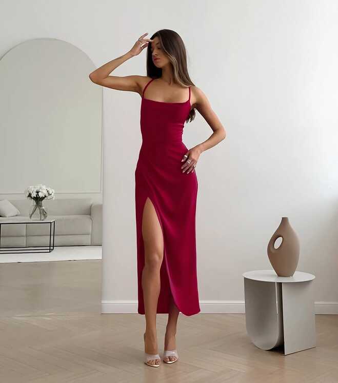 Fashion Elegant Sexy Strapless Wine Red Satin High Slit Dress Long Dresses  Women