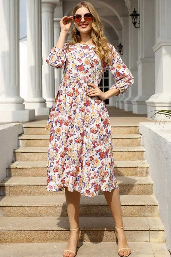 Fashion Floral Midi Dress With Sleeves - TheCelebrityDresses