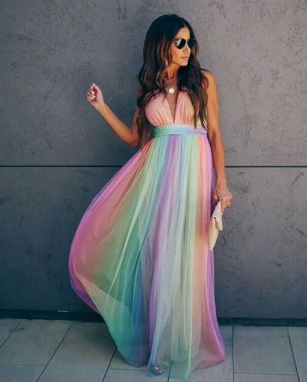 Fashion Iridescent Flowy Mesh Yarn Maxi Dress Women Vacation Beach ...