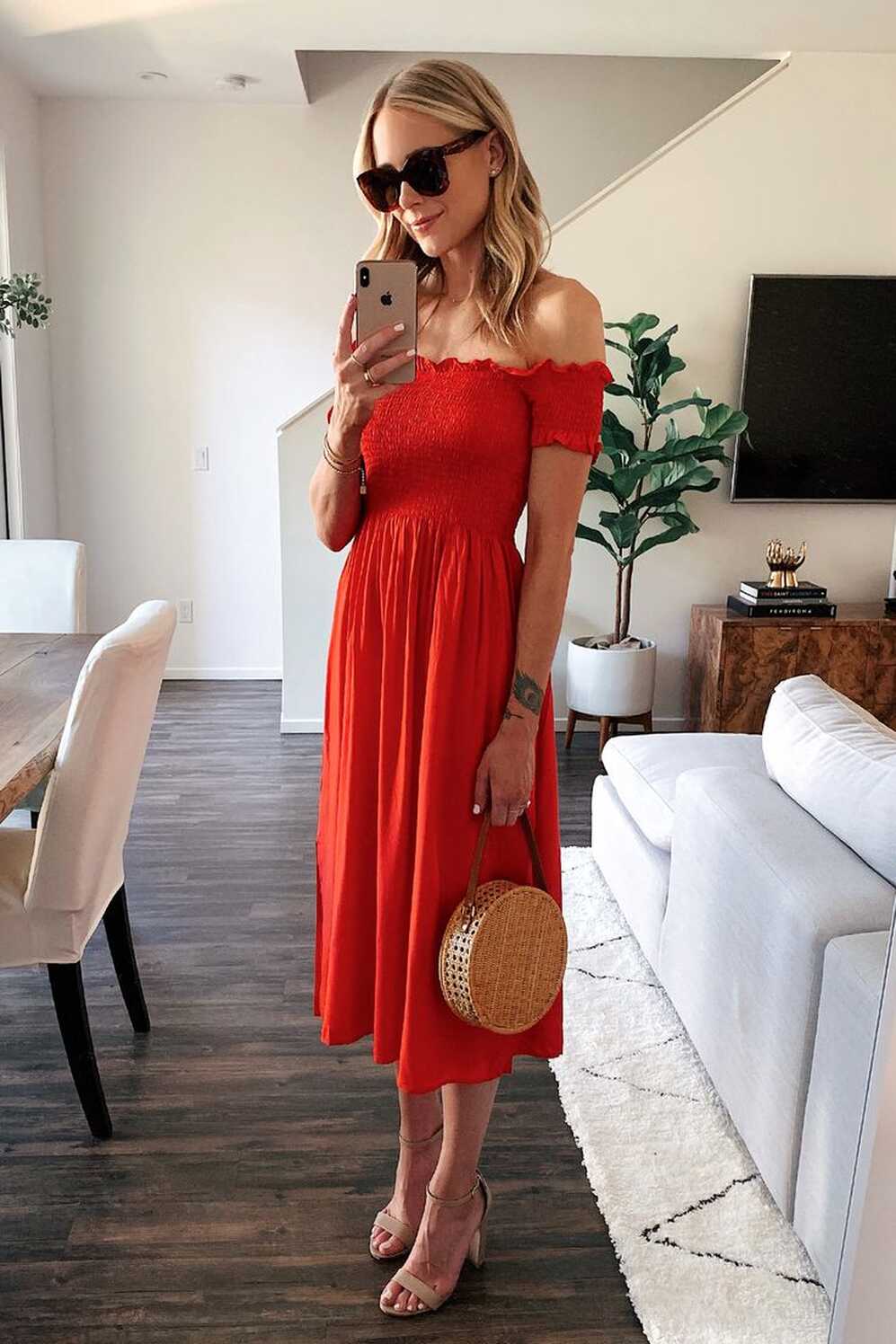 Fashion Jackson Wearing Red Off the Shoulder Midi Dress | Red ...