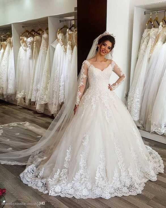 Fashion Lace Princess Wedding Dresses Illusion Long Sleeves ...