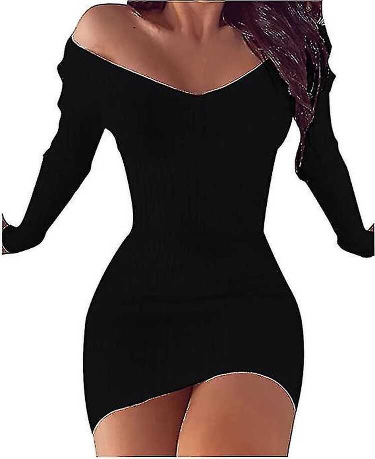 Fashion Ladies Sexy Solid V-neck Long-sleeved Sheath Tight Mini ...