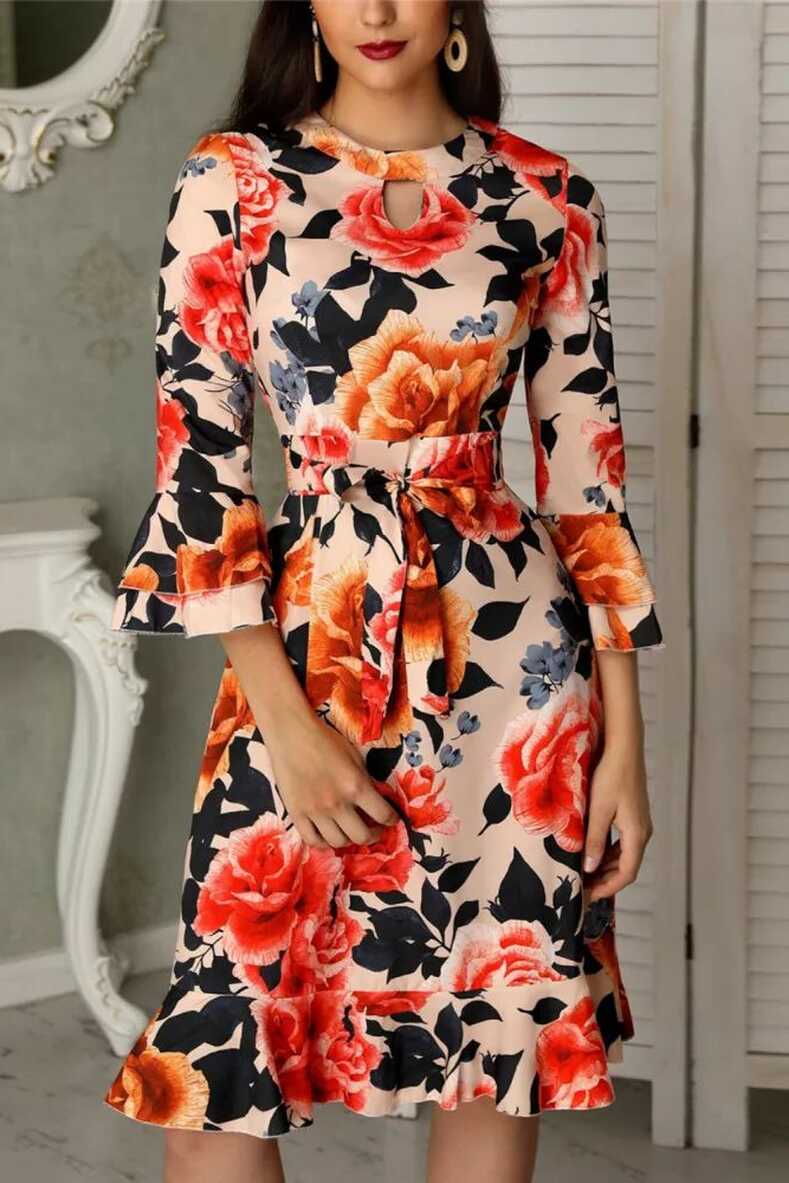 Fashion New Women Floral Printed Elegant Formal Office Work Long ...