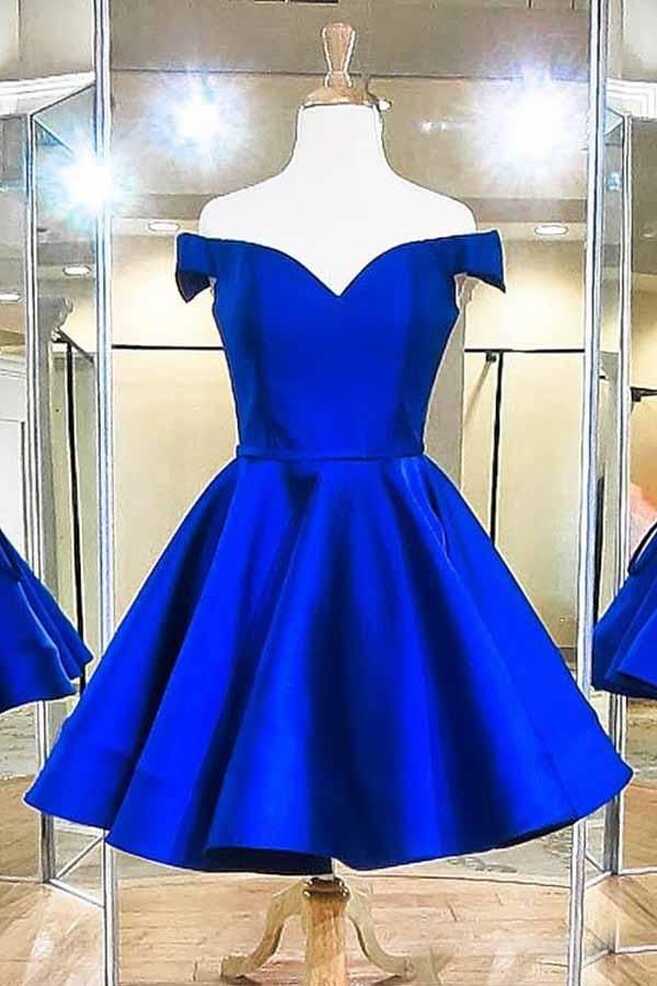 Fashion Off The Shoulder Royal Blue Satin Homecoming Dresses PD041