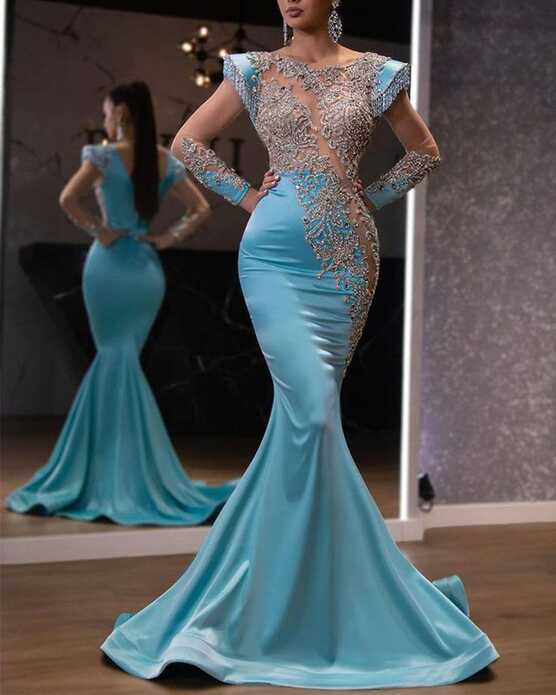 Fashion Sequined Long Sleeve Bodycon Evening Gown - 2XL, Blue