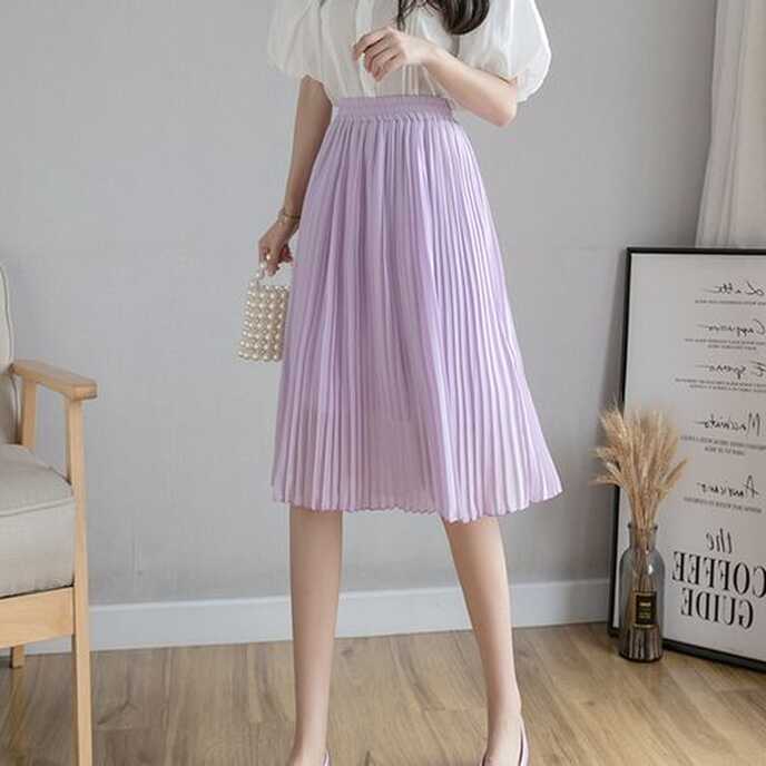 Fashion Summer Chiffon Pleated Skirts Women Casual Elastic High ...