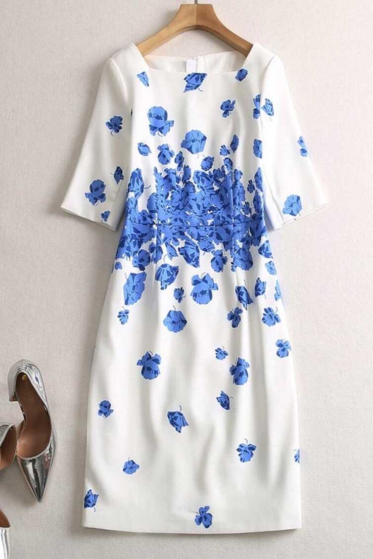 Fashion White And Blue Short Print Summer Dress - TheCelebrityDresses