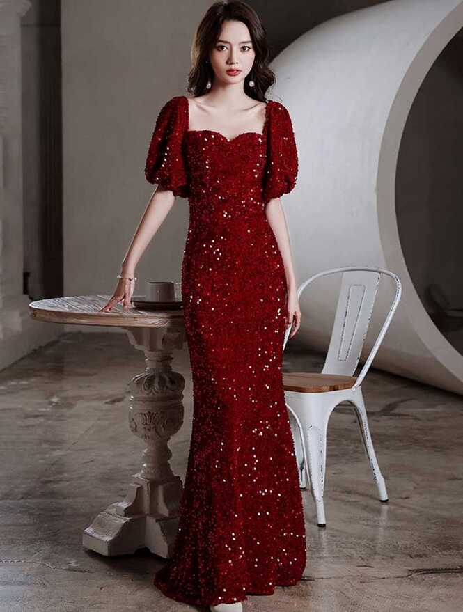 Fashion Wine Red Sparkly Evening Party Dress Elegant Ball Gown - M