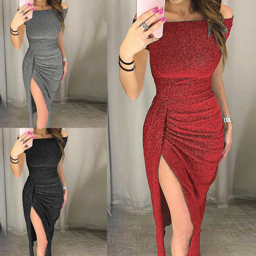 Fashion Women&#39;s Off Shoulder High Slit Bodycon Dress Short Sleeve ...