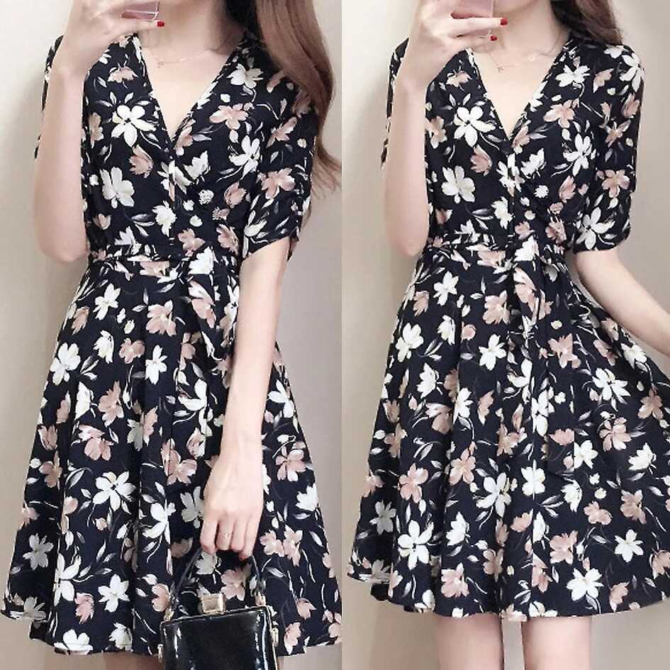 Fashion Women Sexy Knee Length Short Sleeve Printing V-neck Summer ...