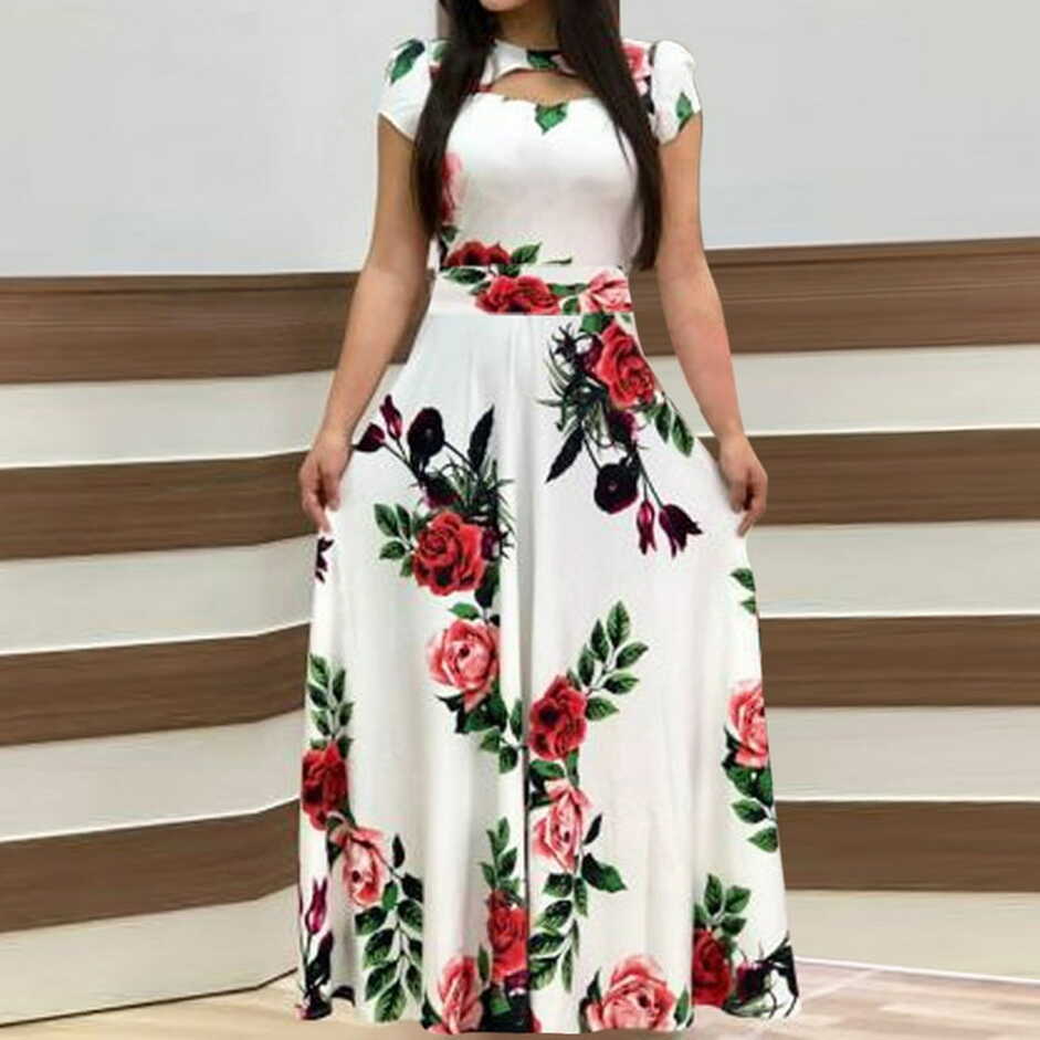 Fashion Women Short Sleeve Floral Boho Print Long Dress Ladies ...