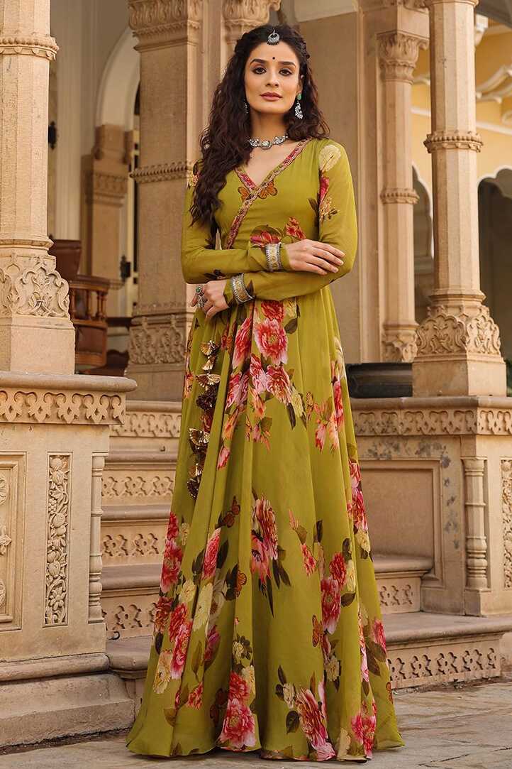 Fashionable Olive Green Colored Designer Gown, Anarkali salwar ...