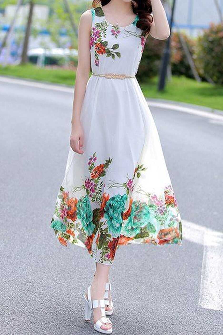 Fashionable Sleeveless Scoop Collar Floral Print Chiffon Dress For ...