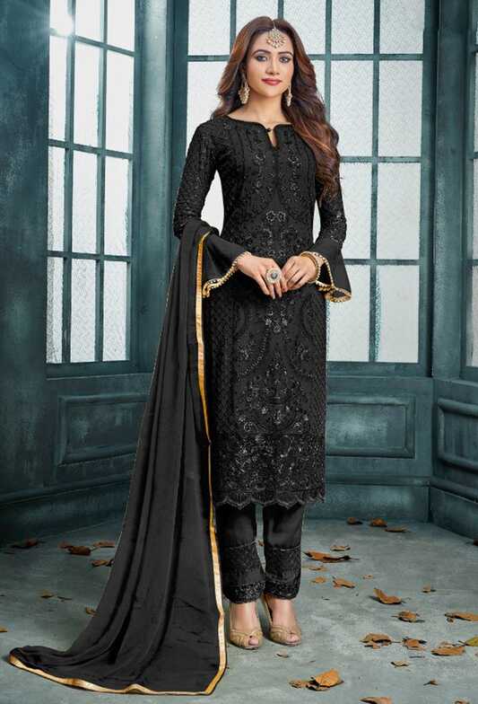 Faux Georgette Pakistani Suit In Black Color