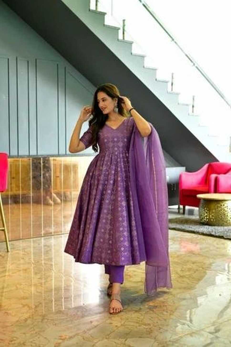 Faux designer georgette purple color long gown with dupatta, Size ...