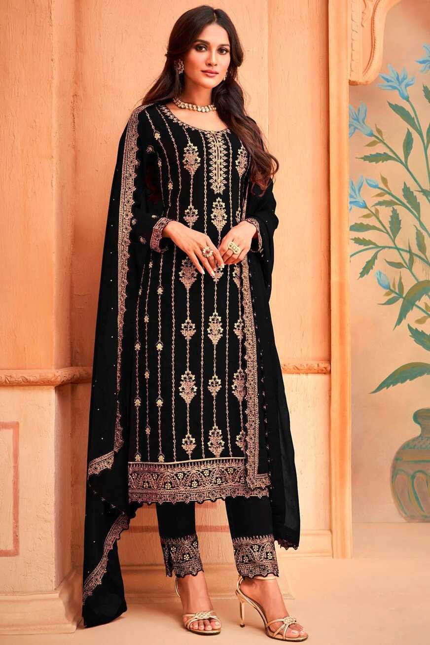 Faux georgette Eid Salwar Kameez in Black with Embroidered - SK14106