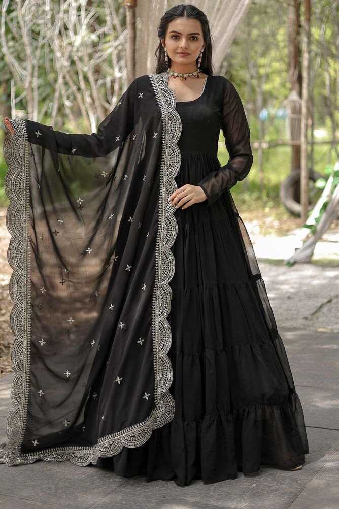 Faux georgette Plain Black Gown Dress with Dupatta - GW0685