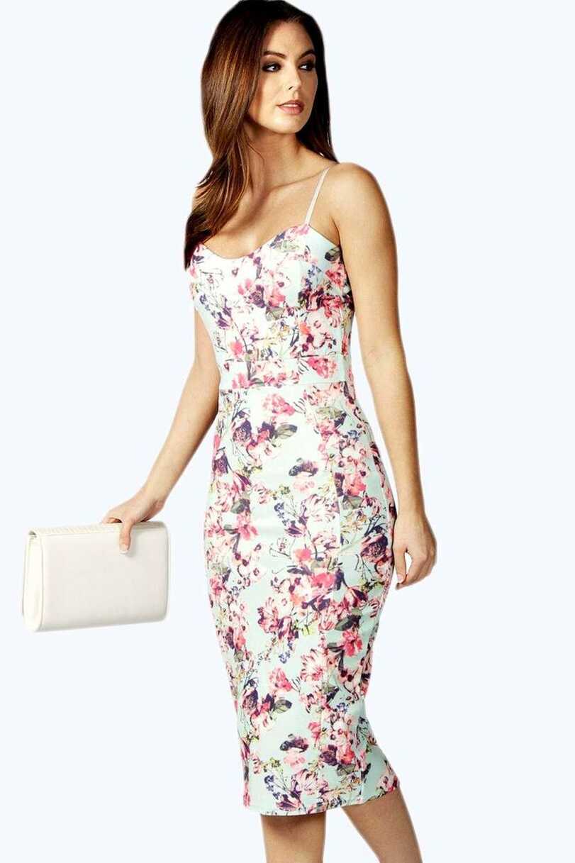 Faye Floral Print Strappy Midi Bodycon Dress