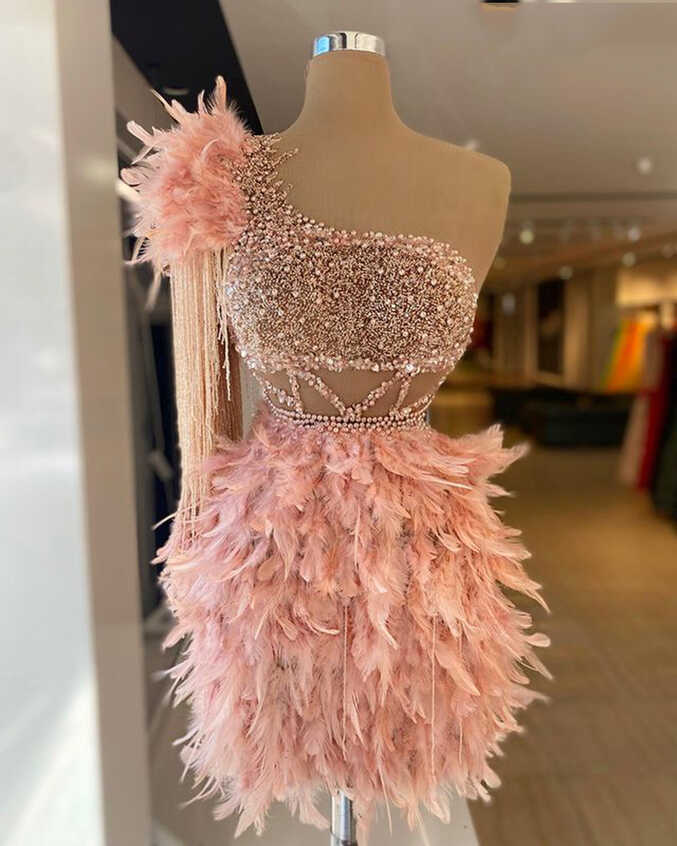 Feather Cocktail Dresses 2023 Short Pink Prom Dresses Beaded ...