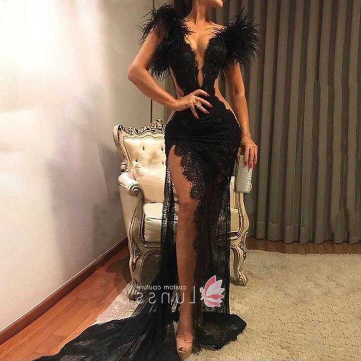 Feather Trim Sexy Sheer Black Lace High Slit Prom Dress - Lunss