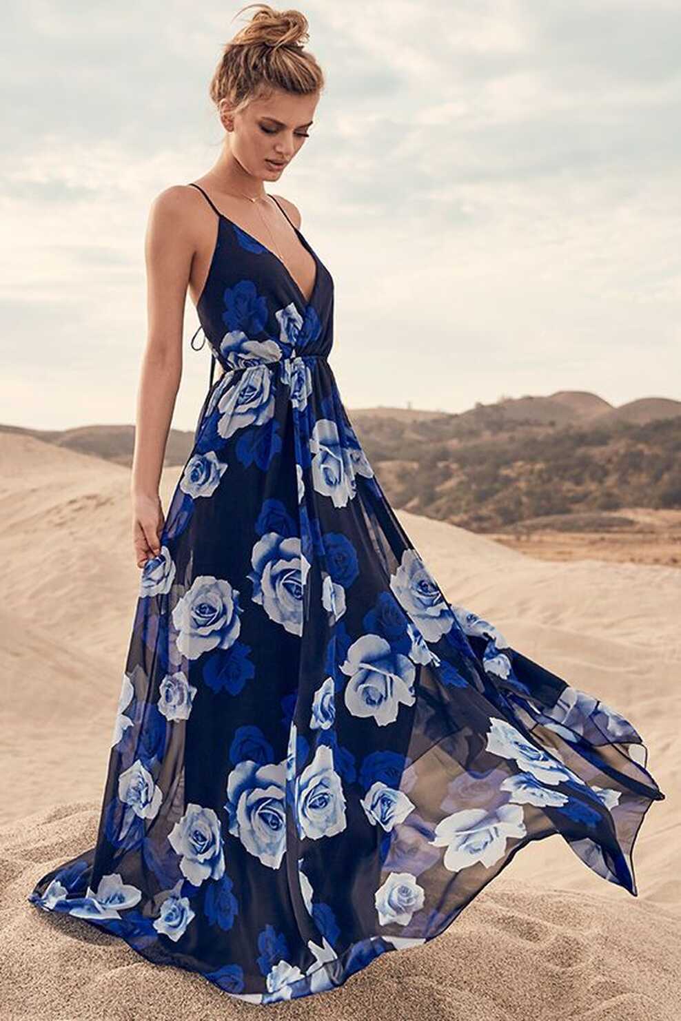 Feel the Music Midnight Blue Floral Print Maxi Dress