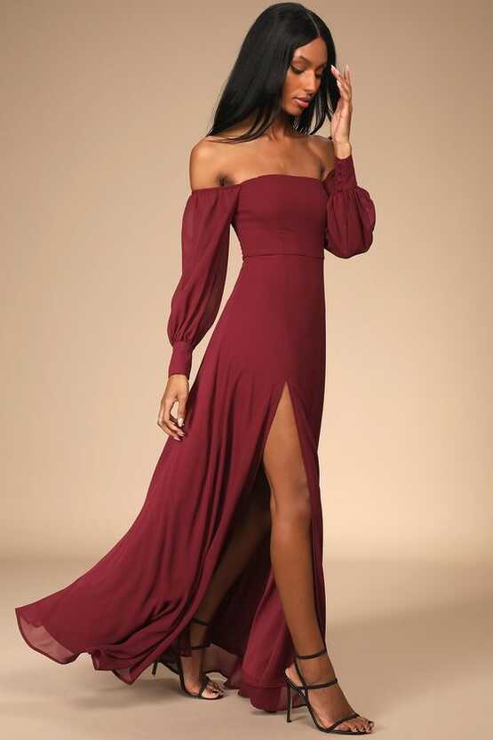 Feel the Romance Burgundy Off-the-Shoulder Maxi Dress