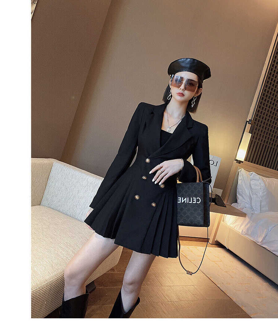 Female Fashion Korean Style Wild Double-Breasted Pleated Long ...