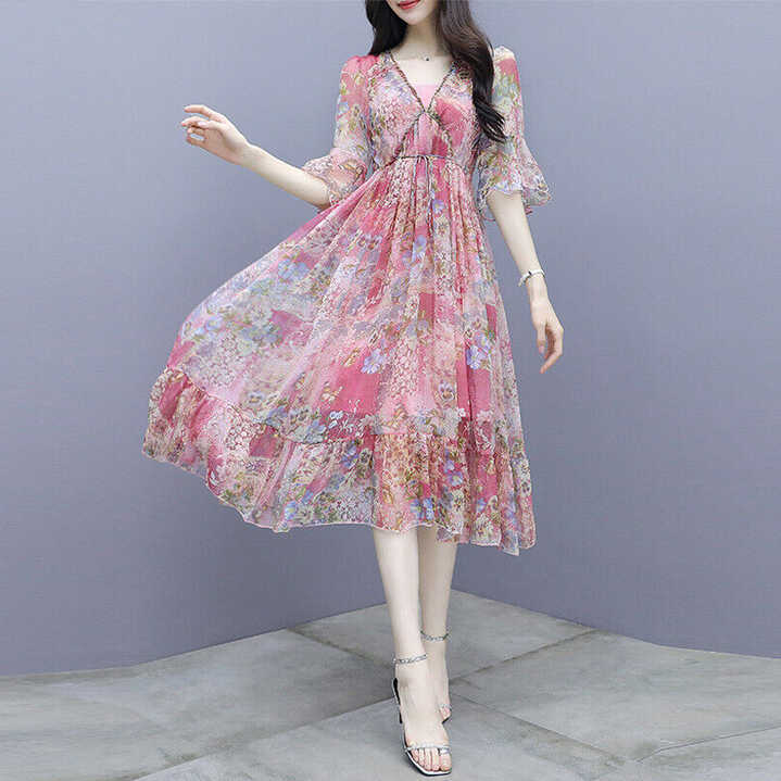 Female Summer Floral Chiffon Dress Lady Sweet Belll Sleeve Knee ...