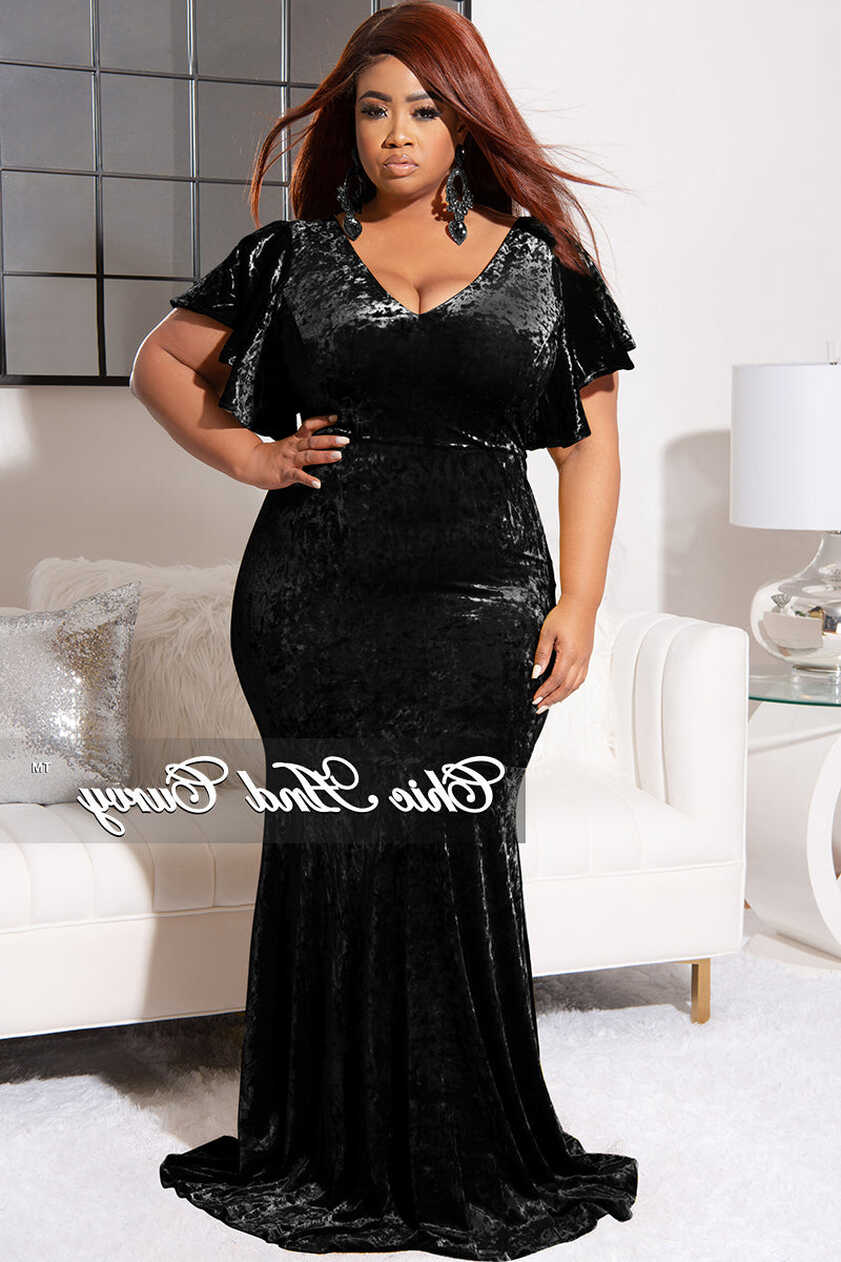 Final Sale Plus Size Faux Wrap Sleeves Gown Velvet in Black – Chic ...