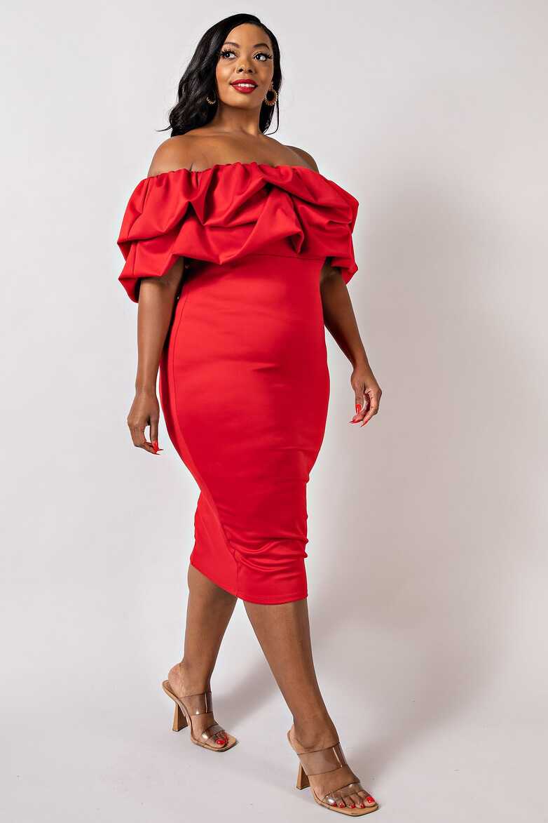 Final Sale Plus Size Off the Shoulder Ruffle BodyCon Dress in Red ...