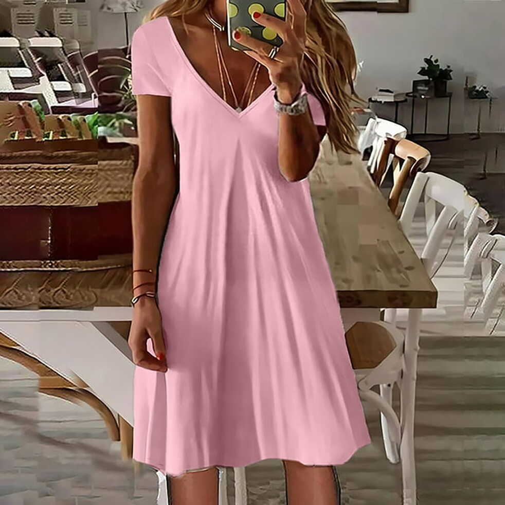 Finelylove Casual V-Neck Solid Color Pink Dress | Petite Short ...