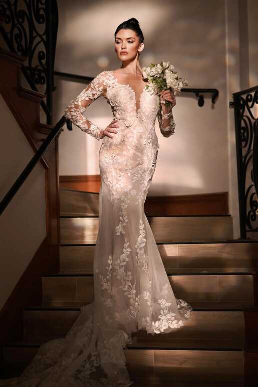 Fitted Lace Long Sleeve Sheath Wedding Dress | Martina Liana