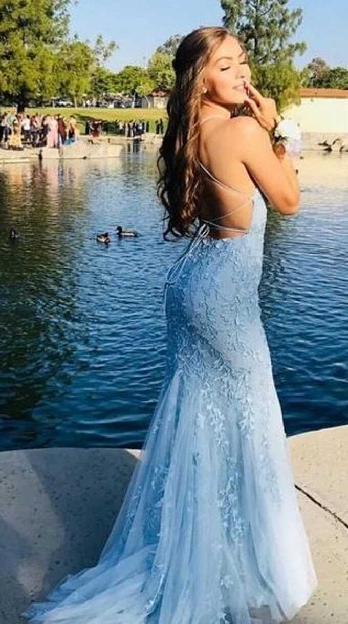 Fitted Lace Up Back Light Blue Prom Dress – misaislestyle