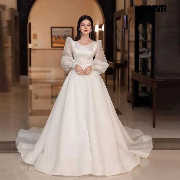 Fivsole Simple Ball Gown Silk Satin Organza Wedding Dress Puff ...